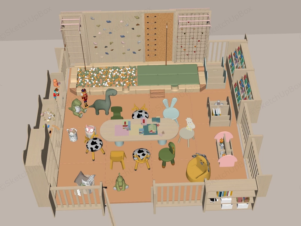 Scandinavian Style Indoor Wooden Kids Playroom & Activity Set Sketchup 3D Model Preview - SketchupBox