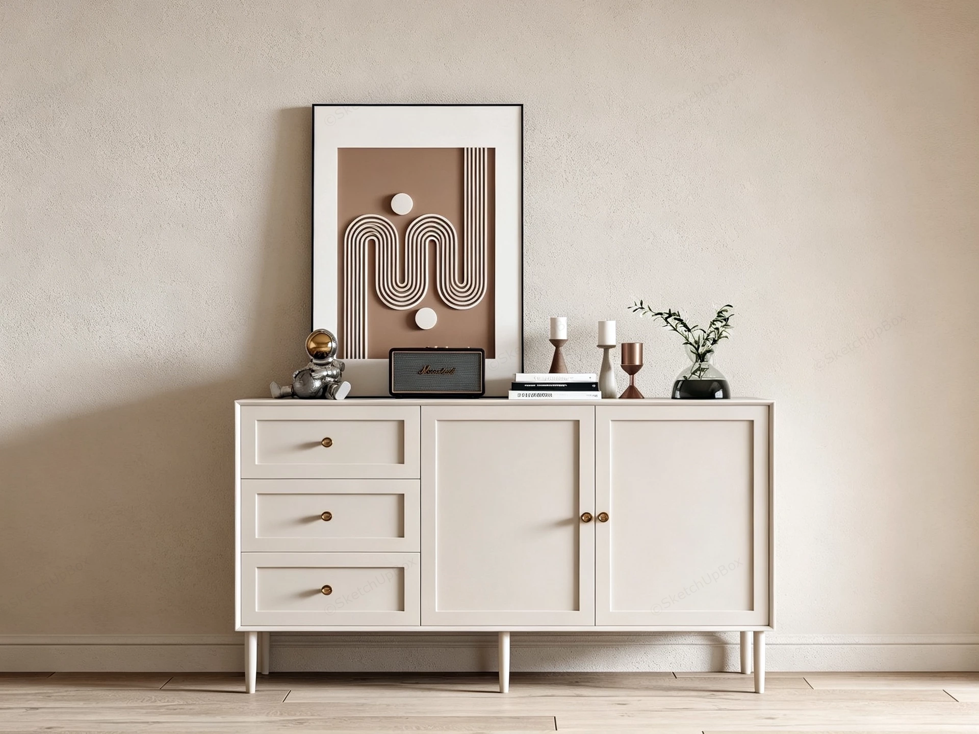 Modern Cream Wooden Sideboard & Decor Vignette Sketchup 3D Model Preview - SketchupBox