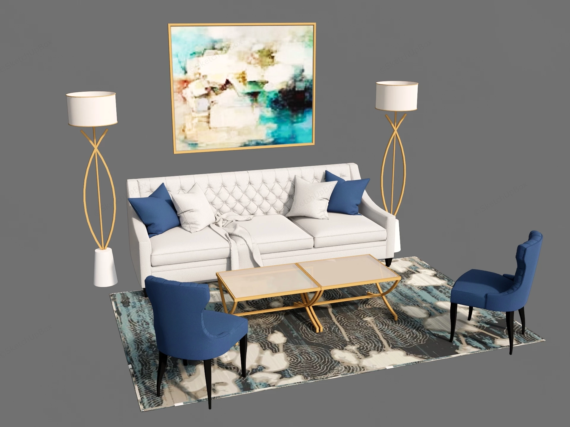 Contemporary Blue And Gold Living Room Set Sketchup 3D Model Preview - SketchupBox