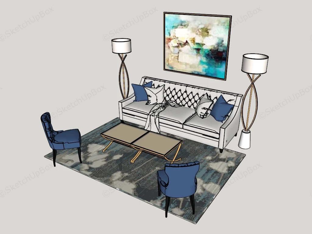 Contemporary Blue And Gold Living Room Set Sketchup 3D Model Preview - SketchupBox