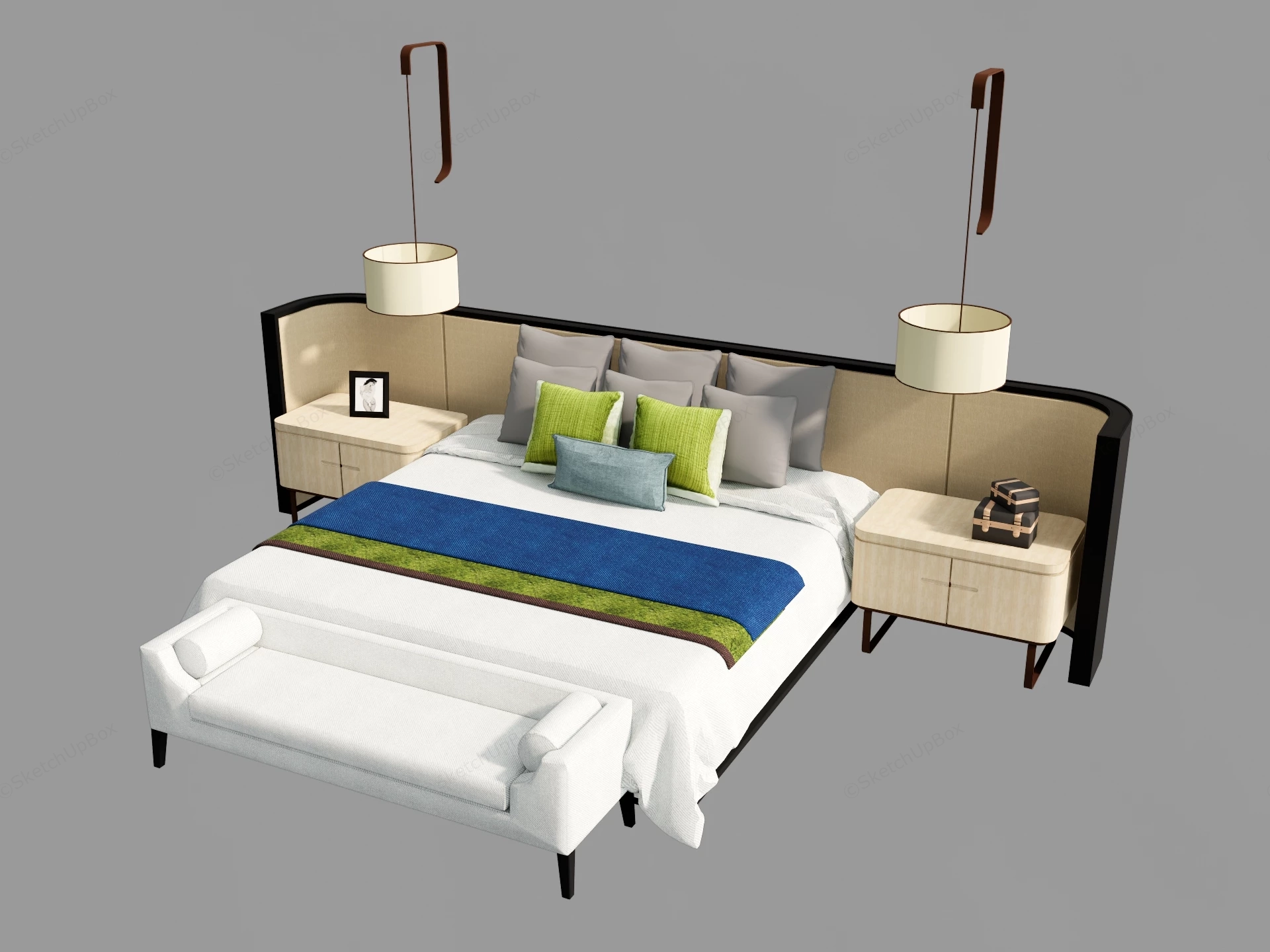 Modern Extended Headboard Bedroom Set Sketchup 3D Model Preview - SketchupBox