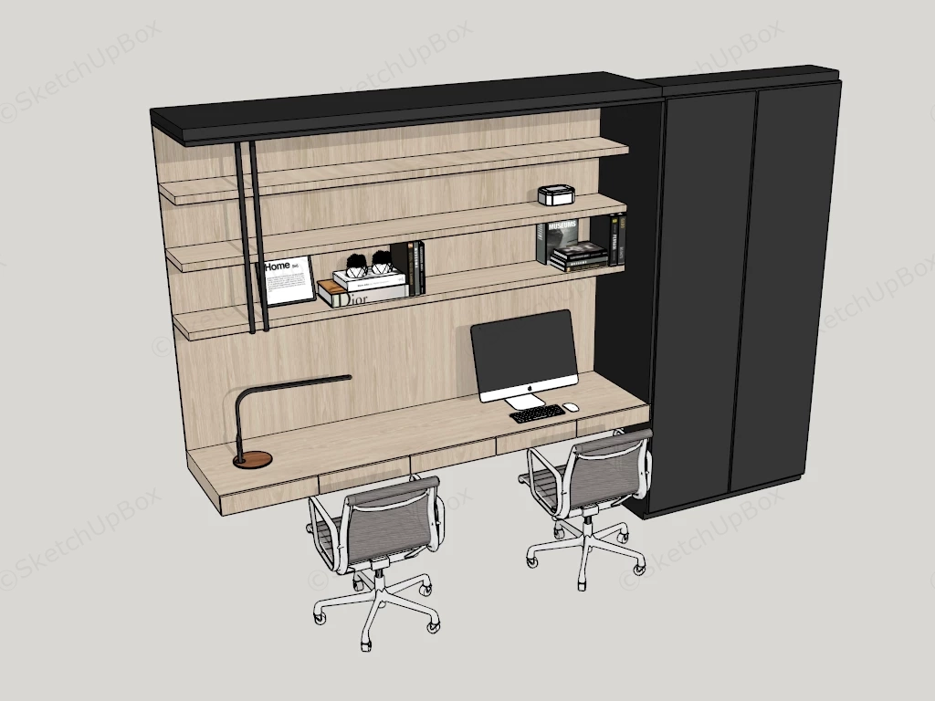 Minimalist Double Workstation Home Office Unit Sketchup 3D Model Preview - SketchupBox