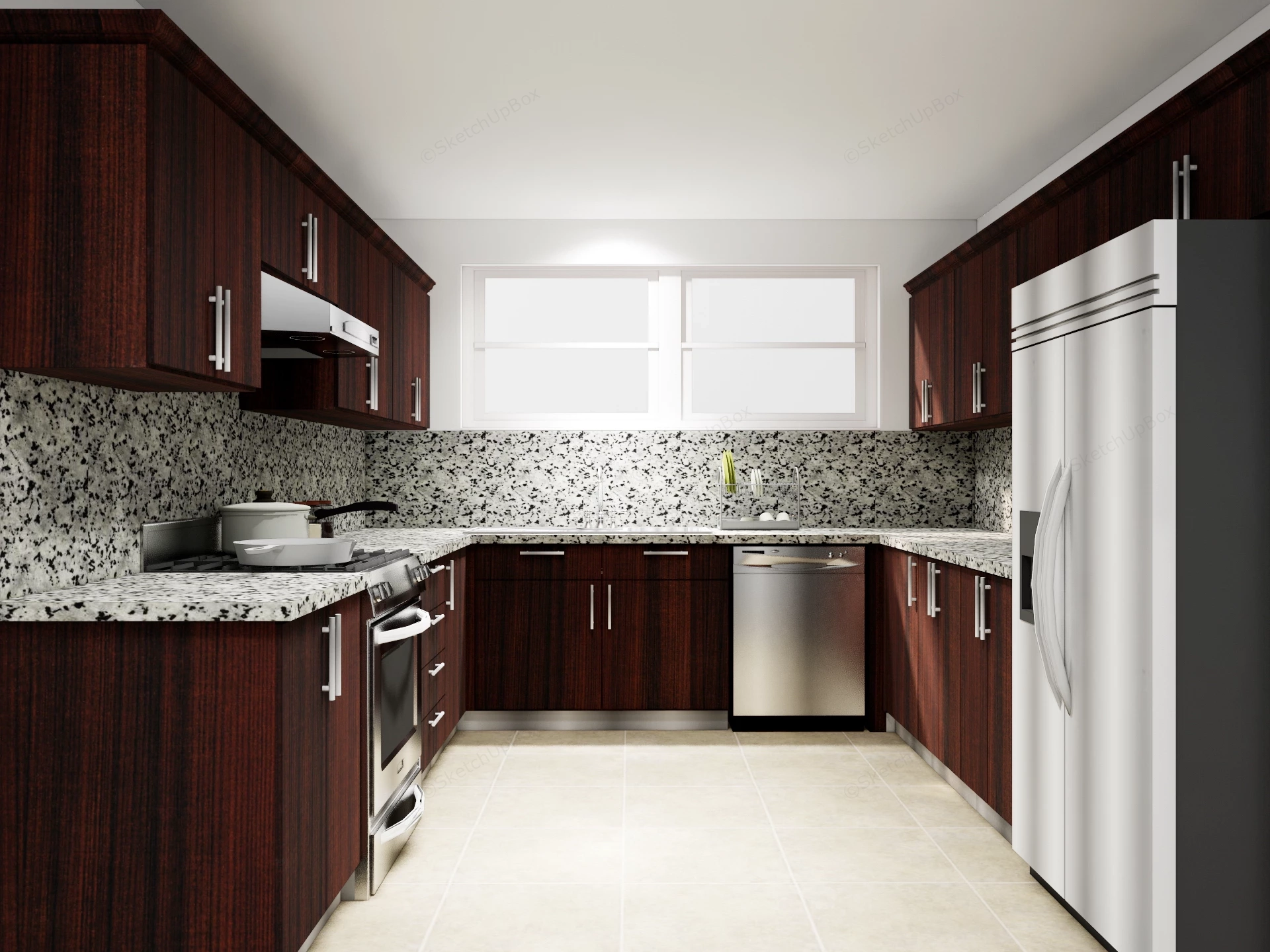 Traditional U Shaped Dark Wood Kitchen Set Sketchup 3D Model Preview - SketchupBox