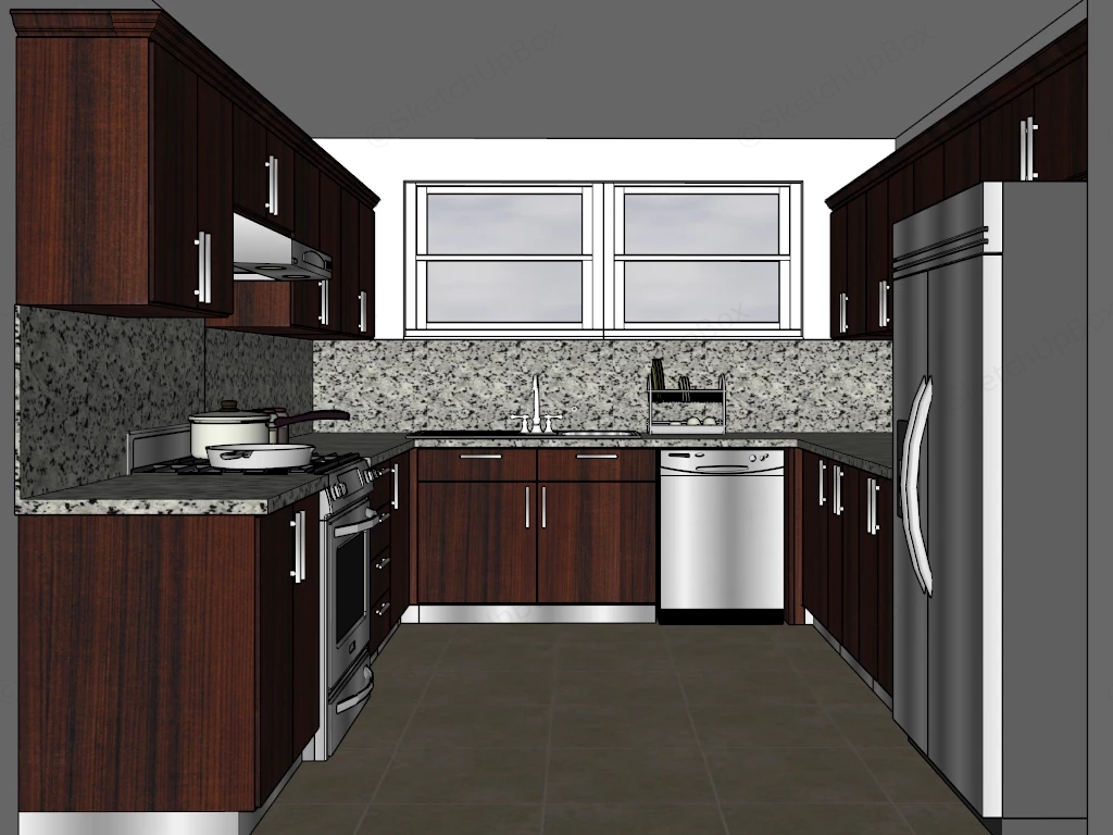 Traditional U Shaped Dark Wood Kitchen Set Sketchup 3D Model Preview - SketchupBox