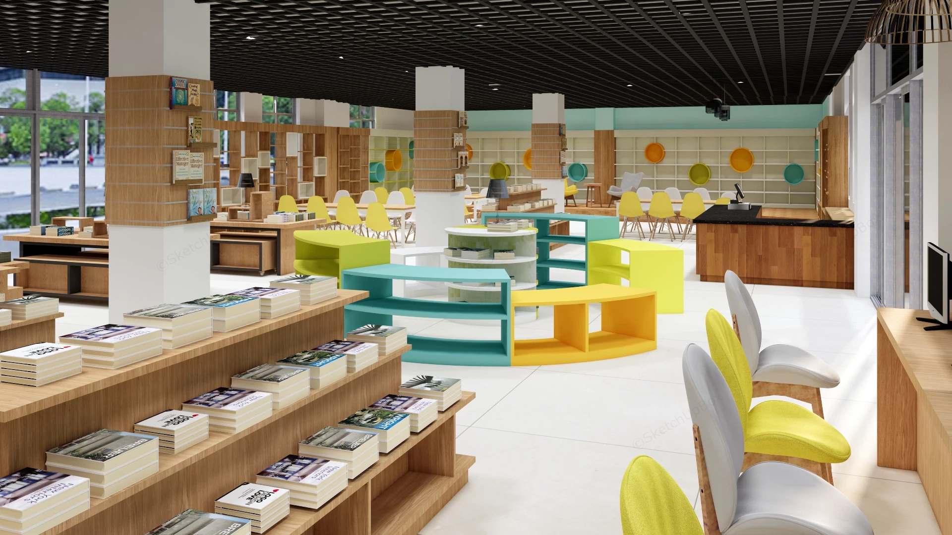 Modern Bookstore And Public Library Interior Sketchup 3D Model Preview - SketchupBox