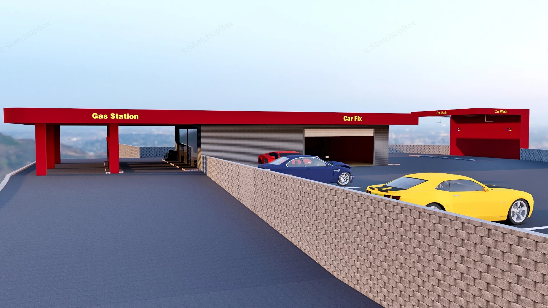Modern Gas Station And Auto Service Complex Sketchup 3D Model Preview - SketchupBox