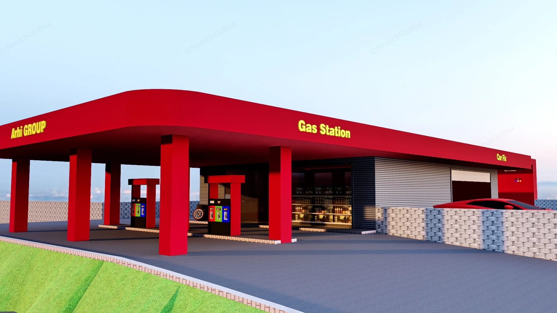 Modern Gas Station And Auto Service Complex Sketchup 3D Model Preview - SketchupBox