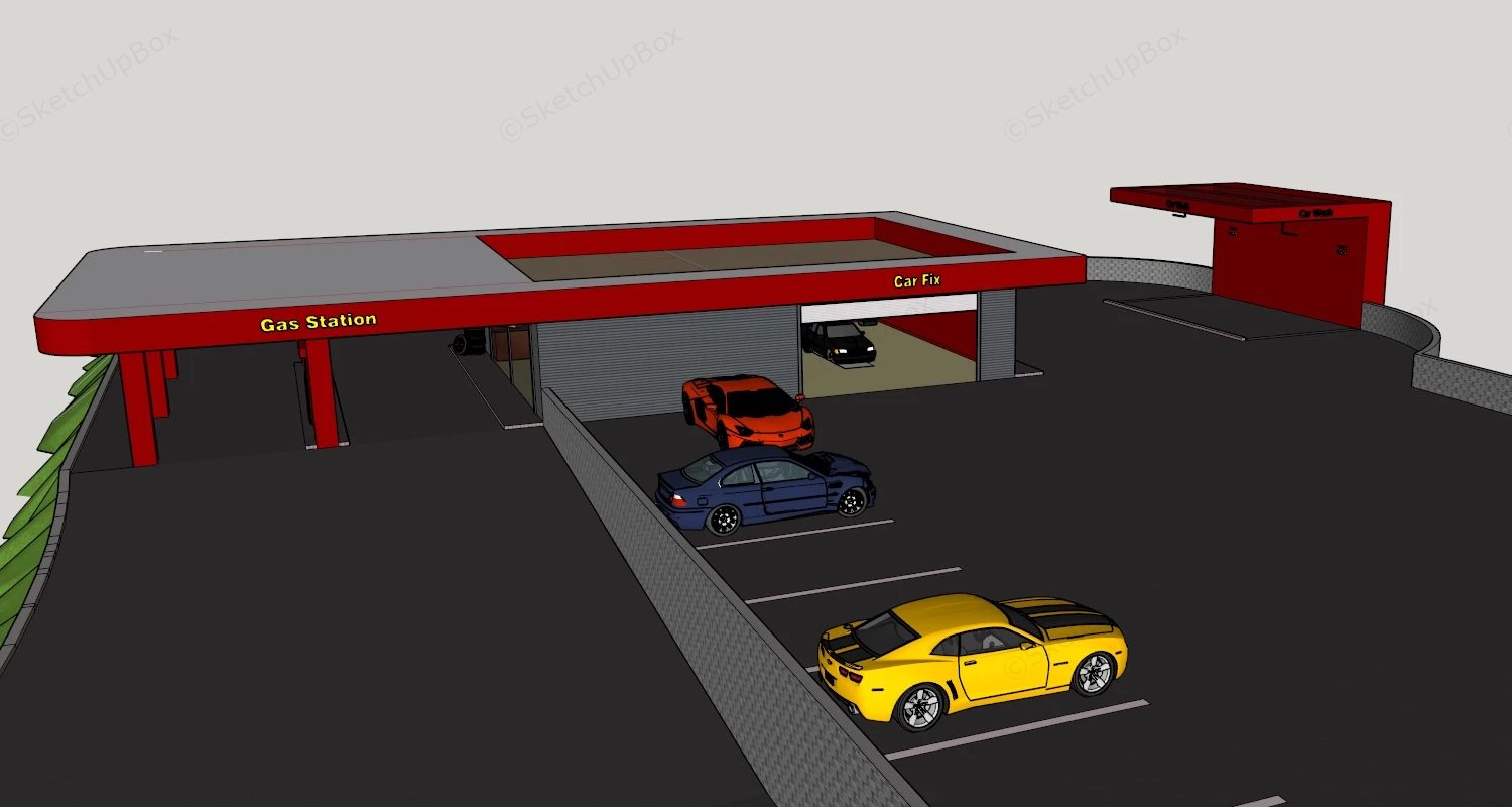 Modern Gas Station And Auto Service Complex Sketchup 3D Model Preview - SketchupBox