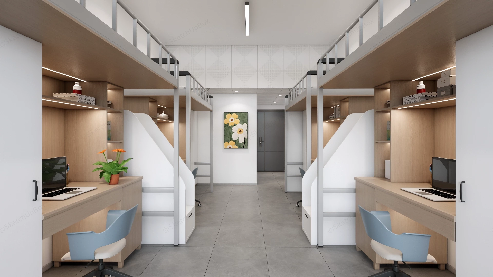 Modern 4 Person Student Dormitory Interior Sketchup 3D Model Preview - SketchupBox