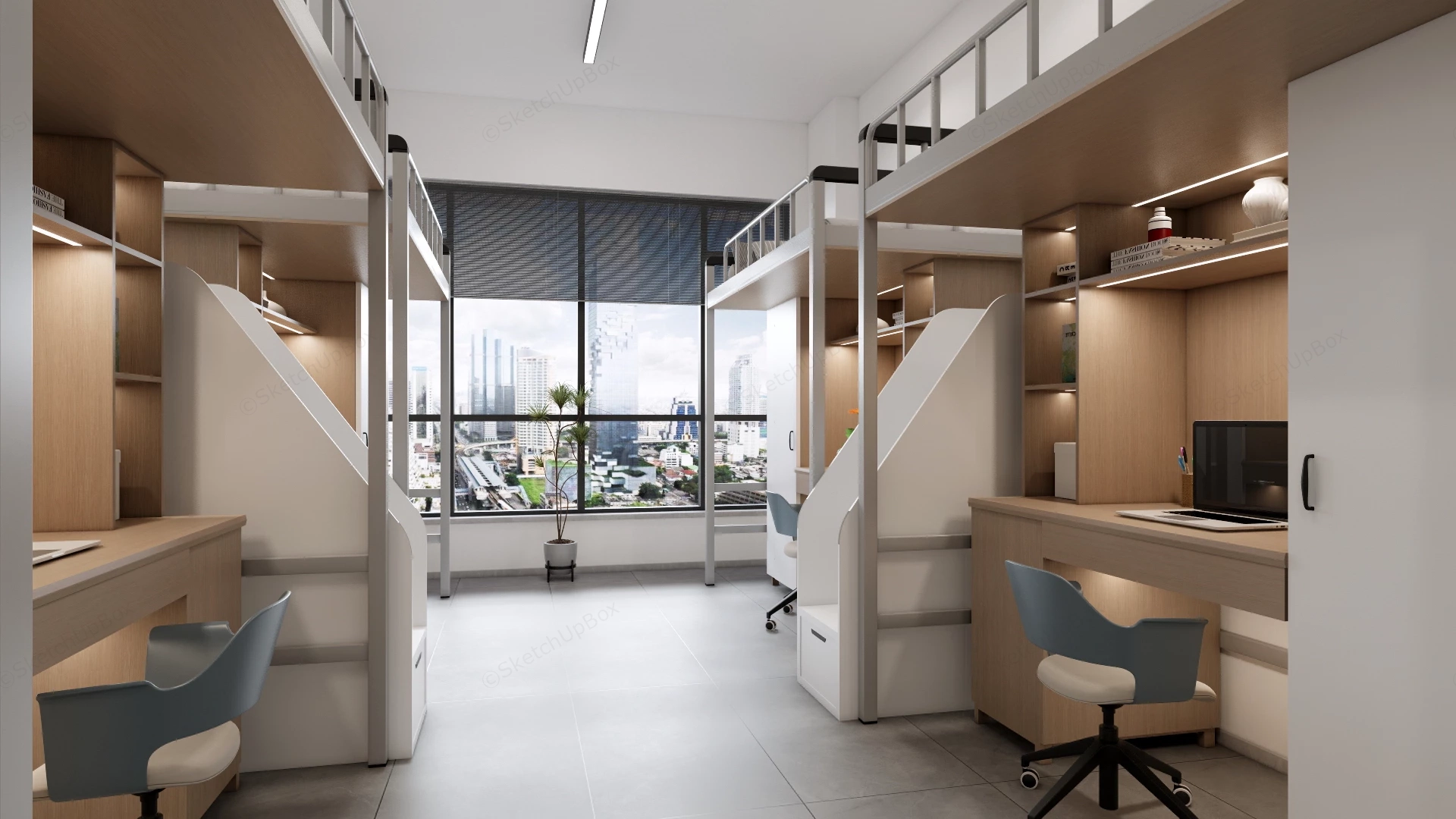 Modern 4 Person Student Dormitory Interior Sketchup 3D Model Preview - SketchupBox