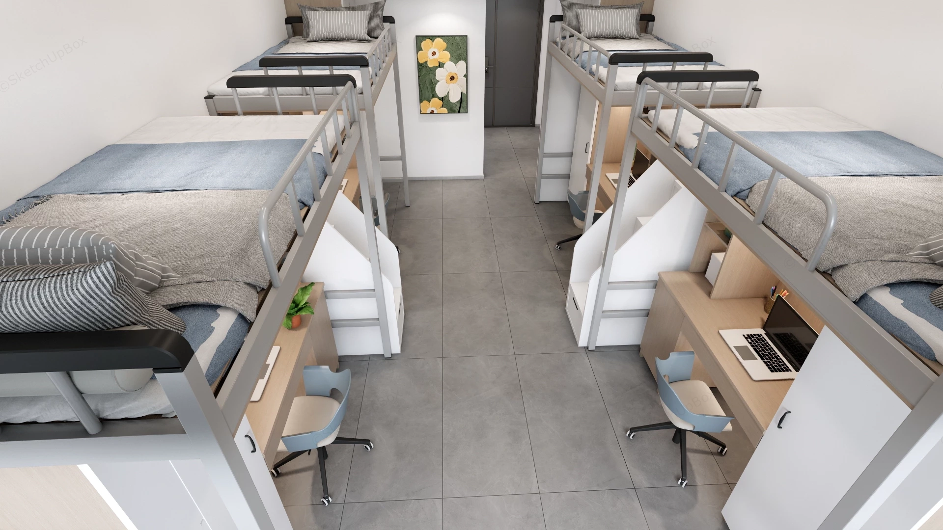 Modern 4 Person Student Dormitory Interior Sketchup 3D Model Preview - SketchupBox