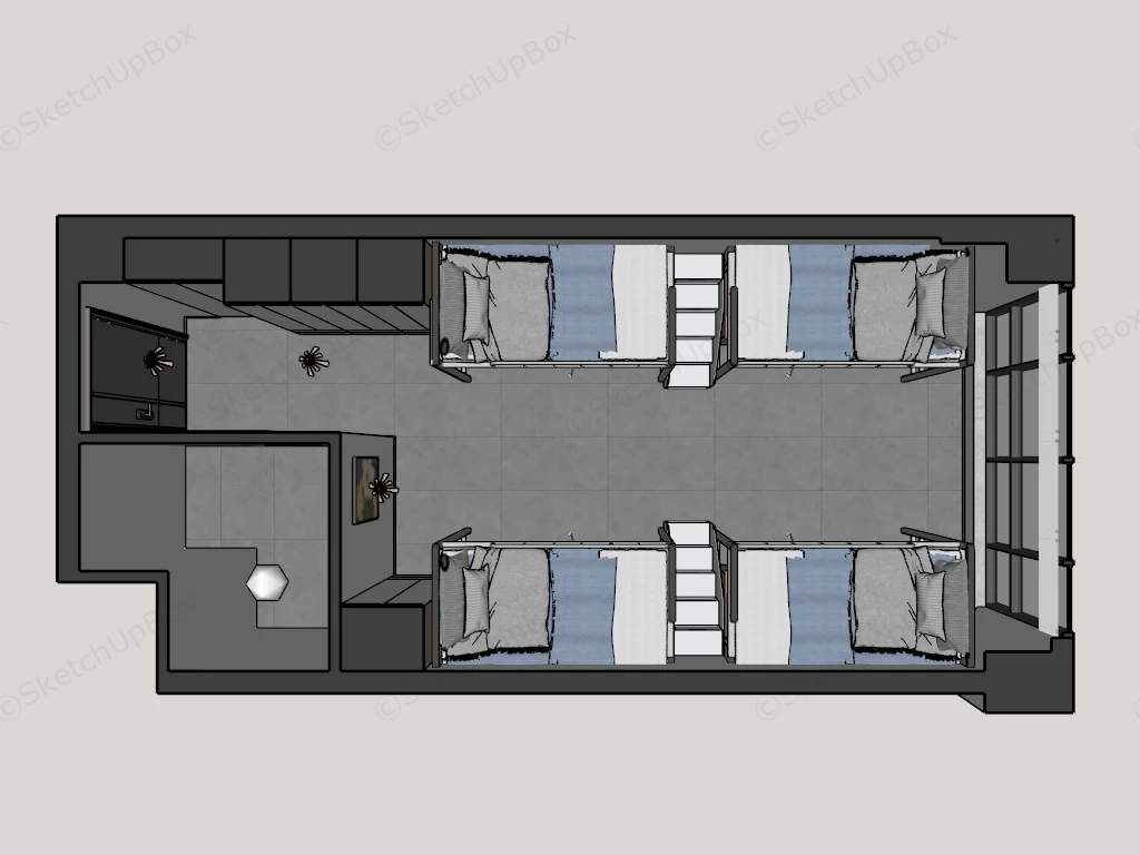 Modern 4 Person Student Dormitory Interior Sketchup 3D Model Preview - SketchupBox
