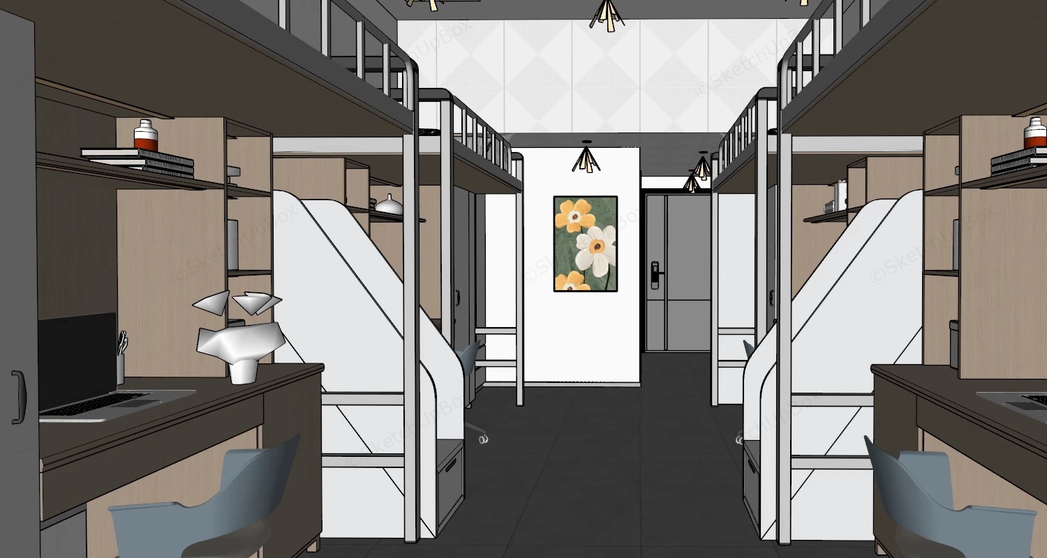 Modern 4 Person Student Dormitory Interior Sketchup 3D Model Preview - SketchupBox