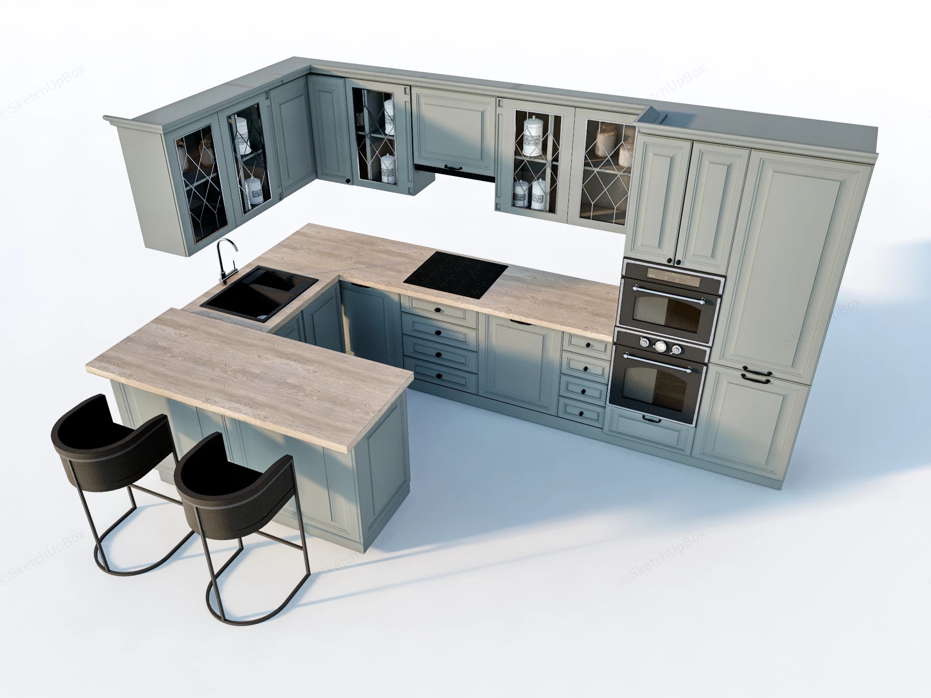 Transitional Peninsula Style Kitchen Layout Sketchup 3D Model Preview - SketchupBox