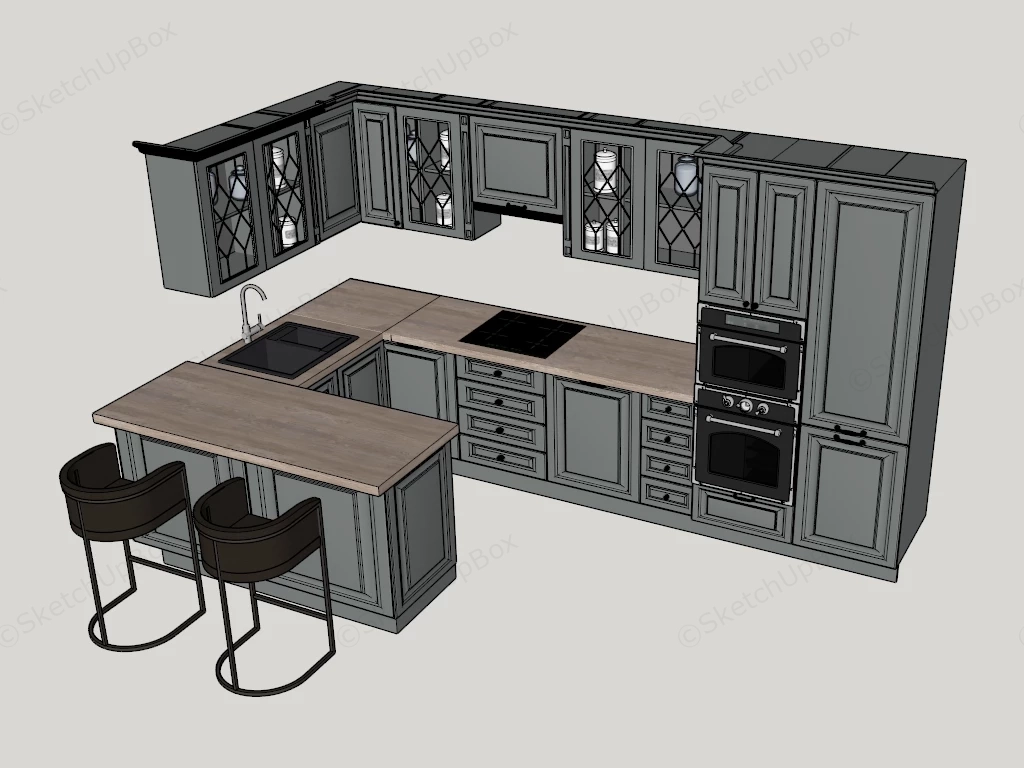 Transitional Peninsula Style Kitchen Layout Sketchup 3D Model Preview - SketchupBox