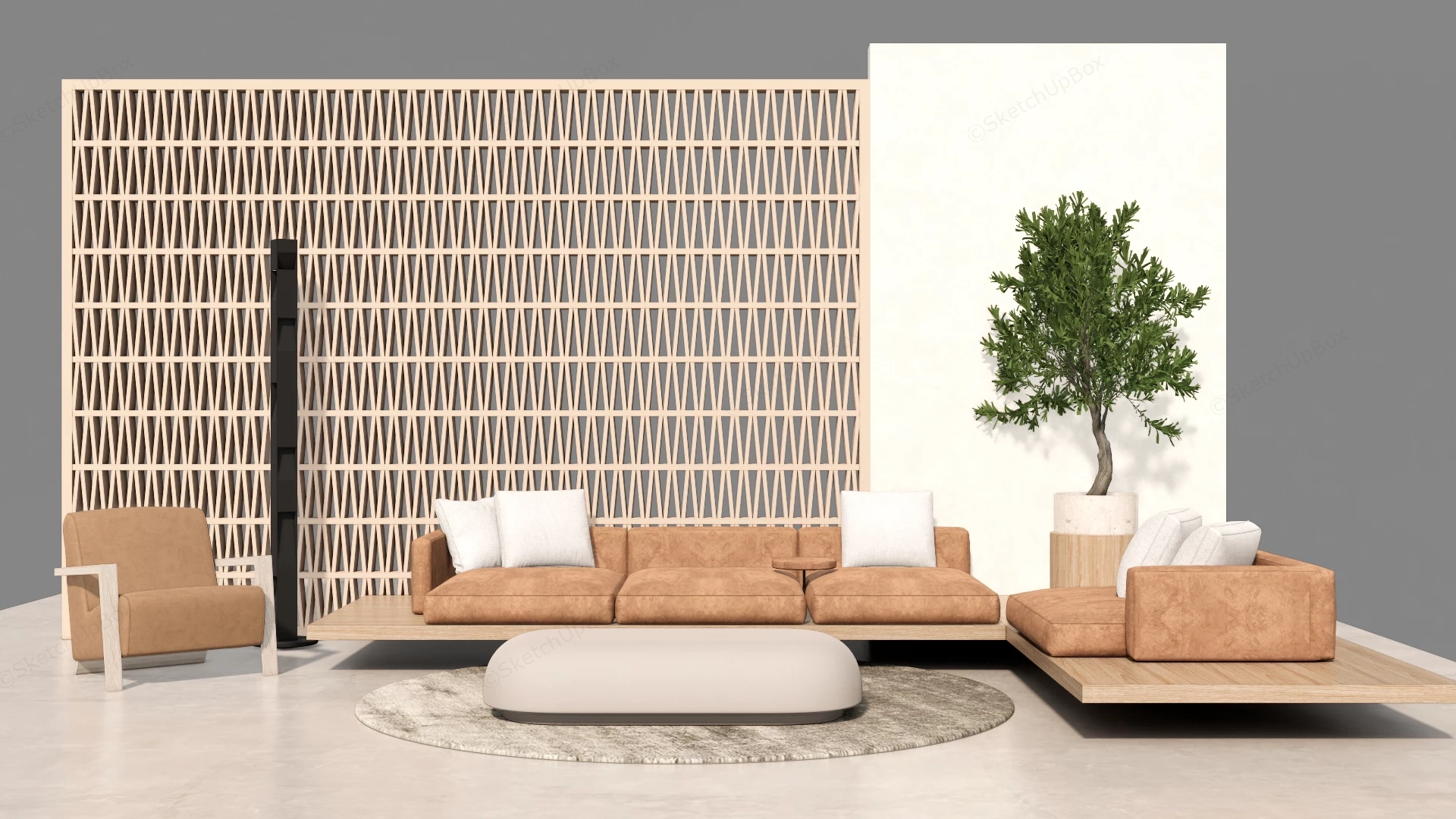Modern Japandi Living Room Furniture And Wall Screen Set Sketchup 3D Model Preview - SketchupBox