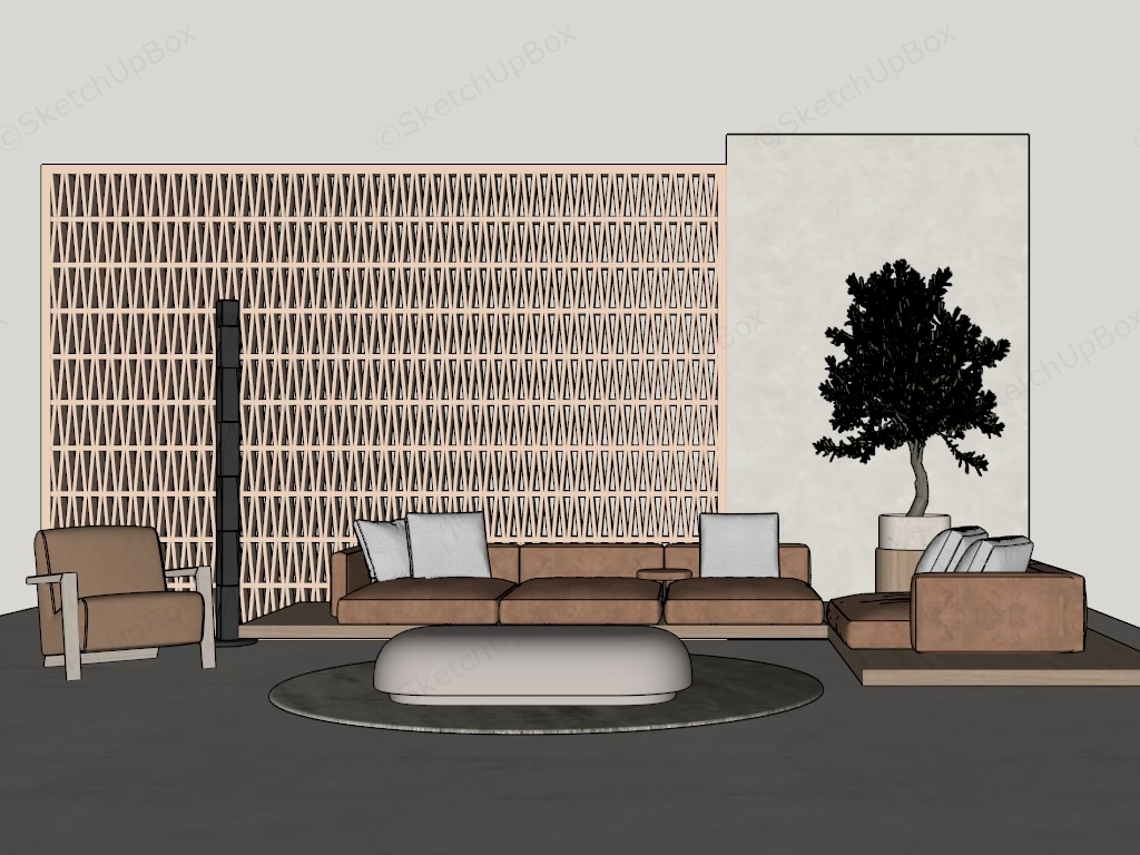 Modern Japandi Living Room Furniture And Wall Screen Set Sketchup 3D Model Preview - SketchupBox