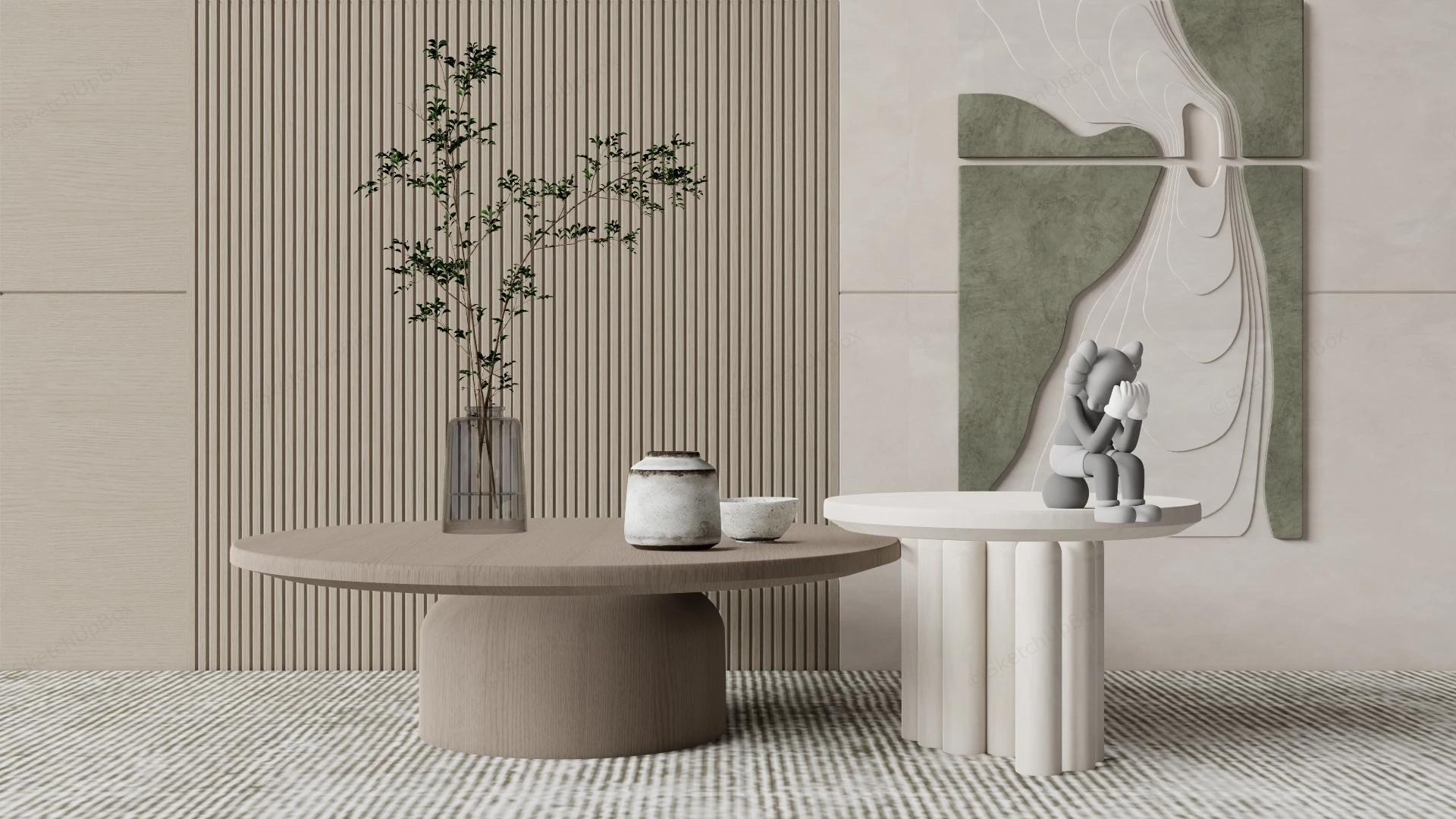 Modern Wabi Sabi Coffee Table And Wall Panel Vignette Sketchup 3D Model Preview - SketchupBox