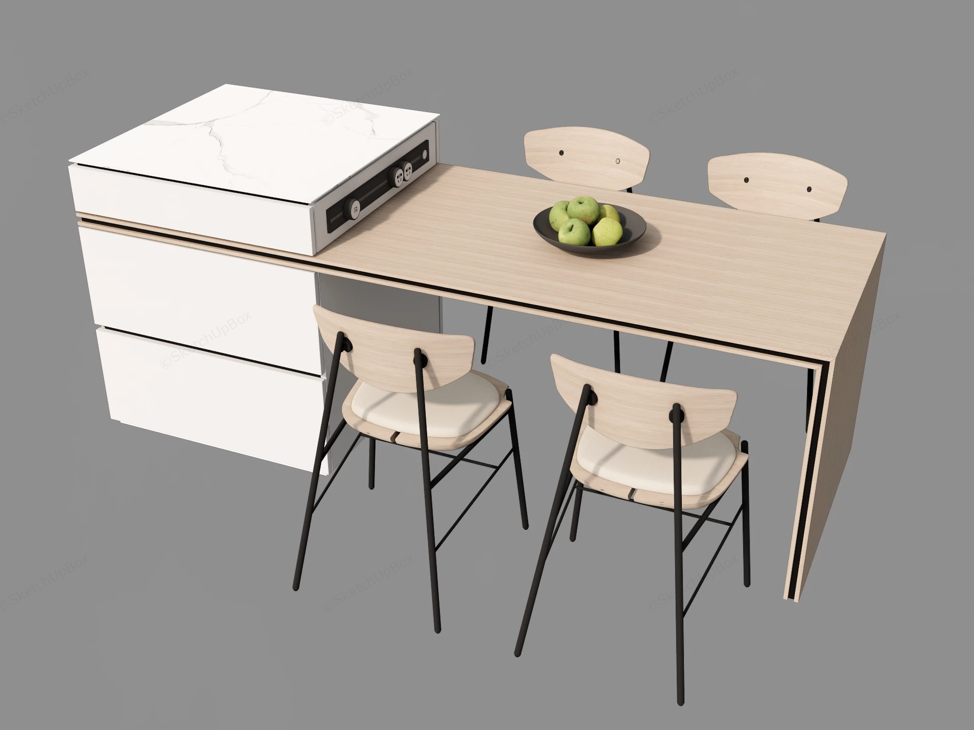 Modern Integrated Kitchen Island And Dining Table Set Sketchup 3D Model Preview - SketchupBox