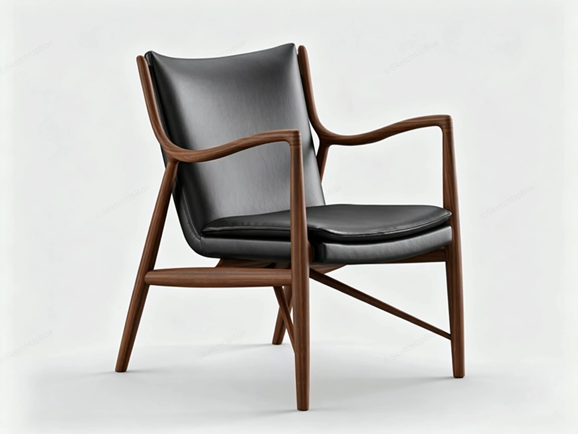 Mid Century Modern Solid Wood Leather Armchair Sketchup 3D Model Preview - SketchupBox