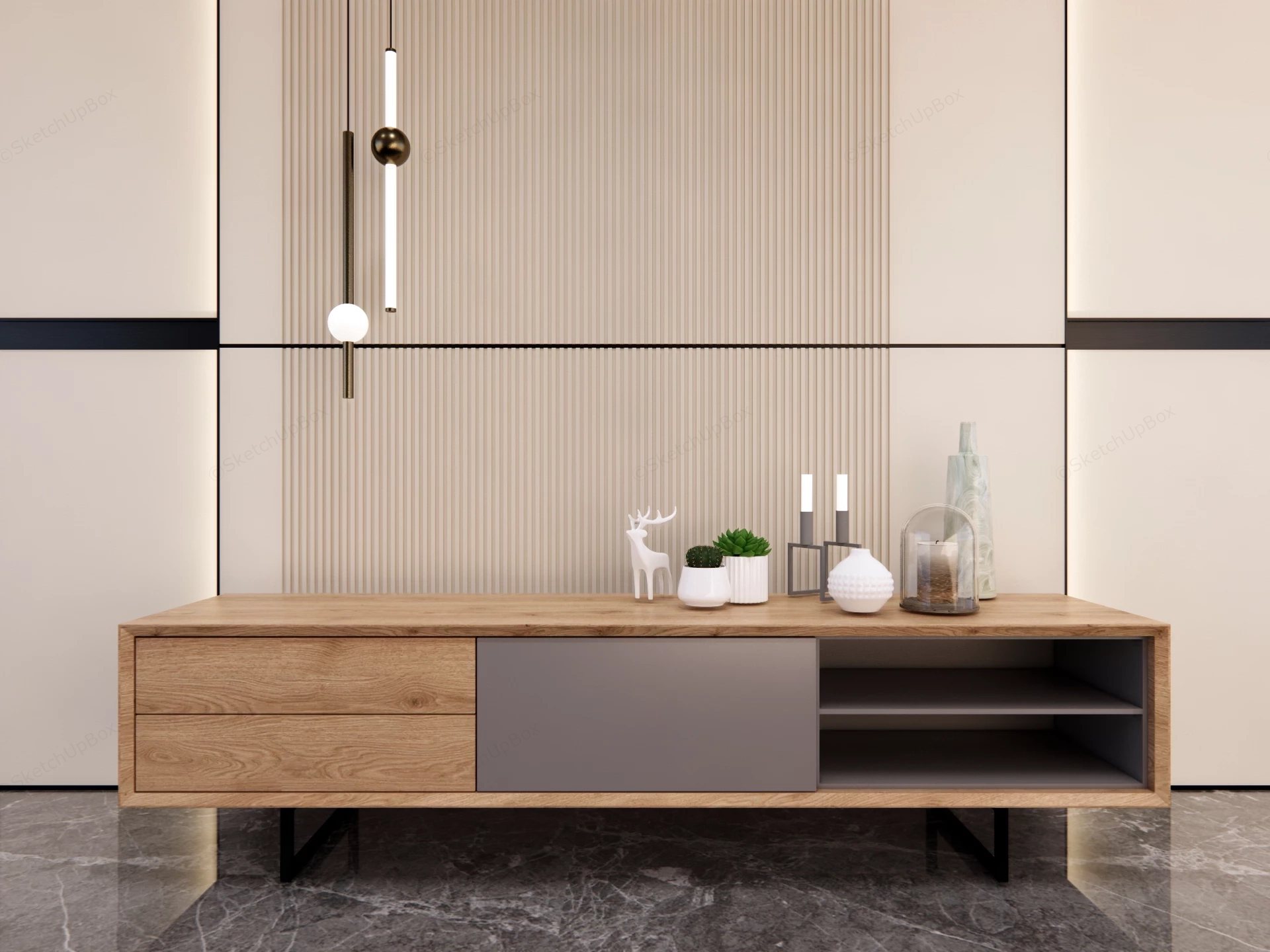Modern Oak TV Media Console And Fluted Feature Wall Set Sketchup 3D Model Preview - SketchupBox