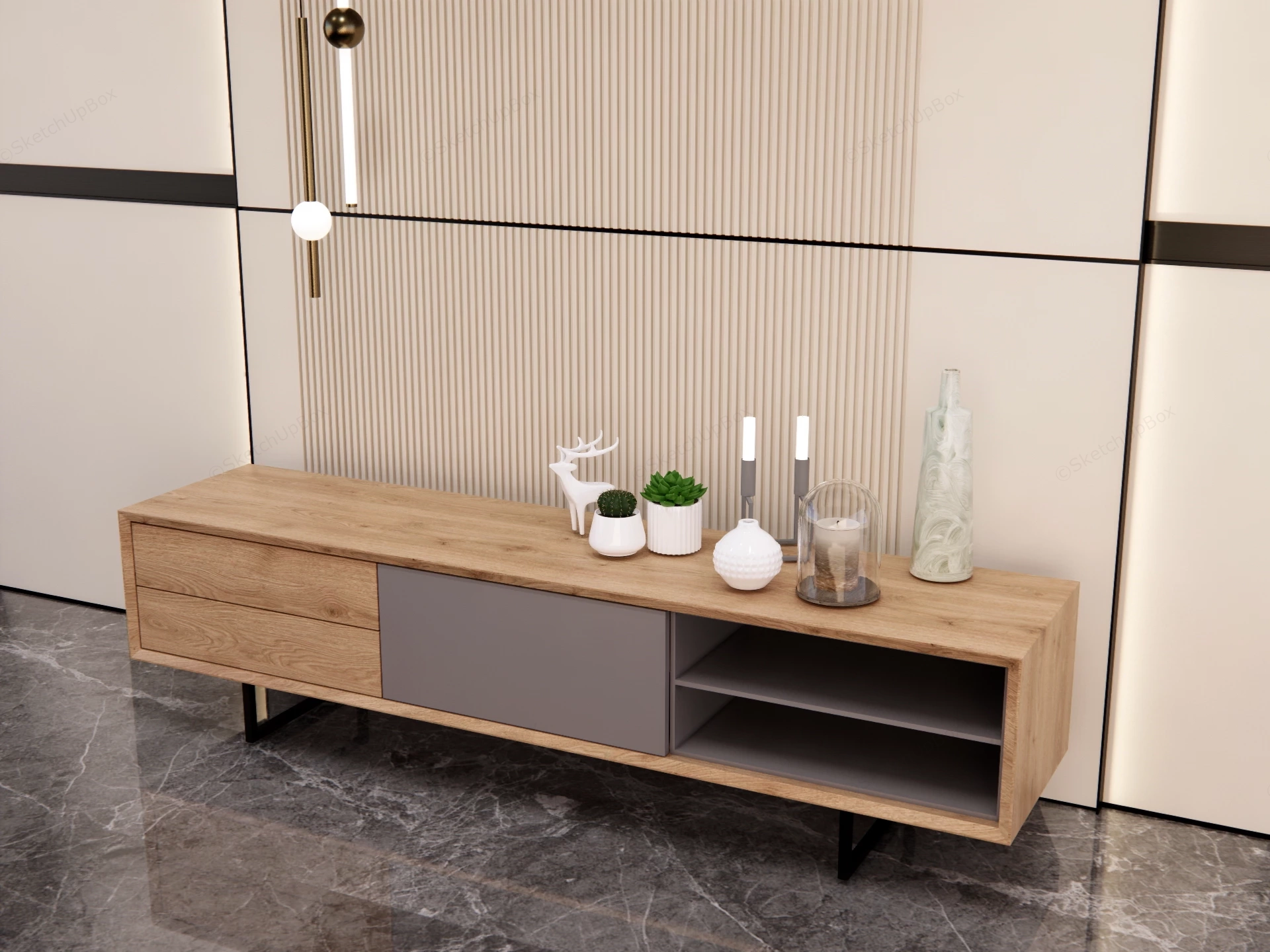 Modern Oak TV Media Console And Fluted Feature Wall Set Sketchup 3D Model Preview - SketchupBox