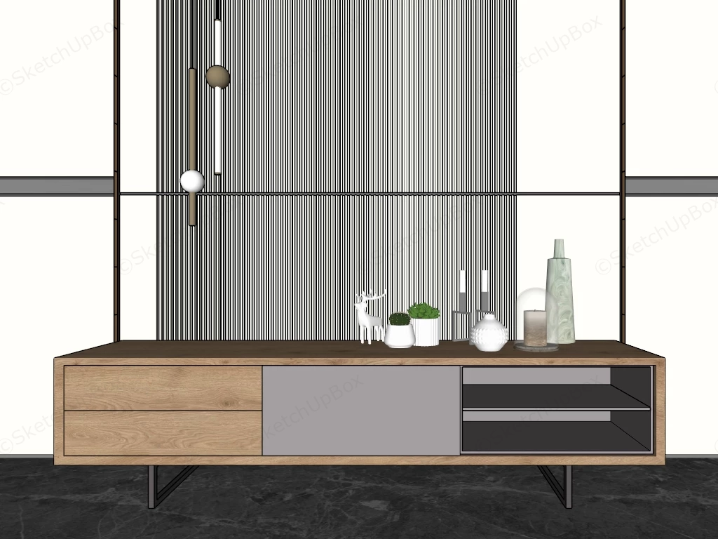 Modern Oak TV Media Console And Fluted Feature Wall Set Sketchup 3D Model Preview - SketchupBox
