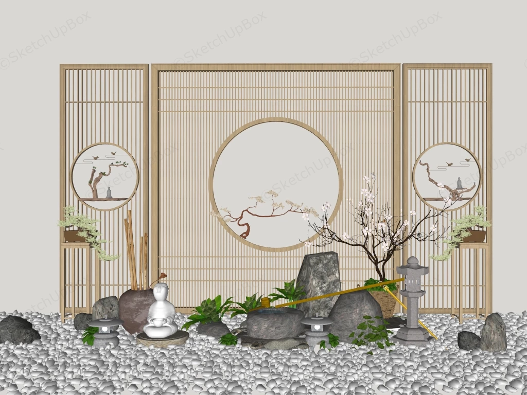 Zen Inspired Courtyard Garden Installation Sketchup 3D Model Preview - SketchupBox