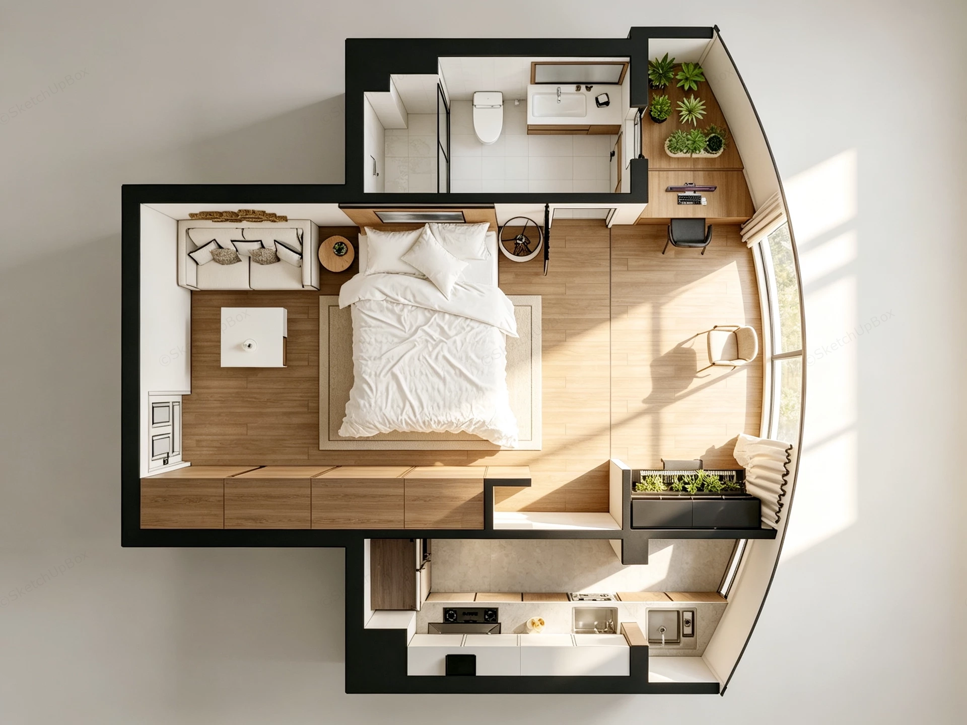 Modern Compact Studio Apartment Interior Layout Sketchup 3D Model Preview - SketchupBox