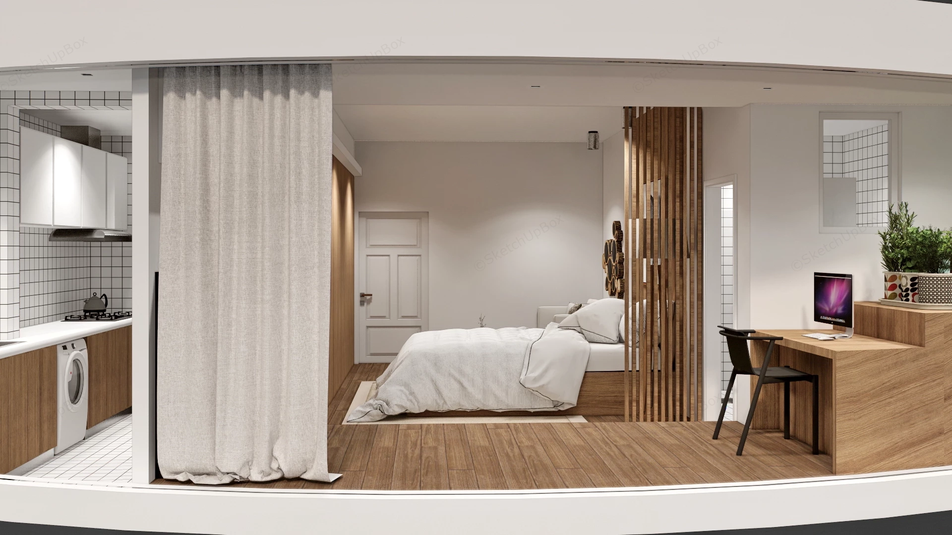Modern Compact Studio Apartment Interior Layout Sketchup 3D Model Preview - SketchupBox