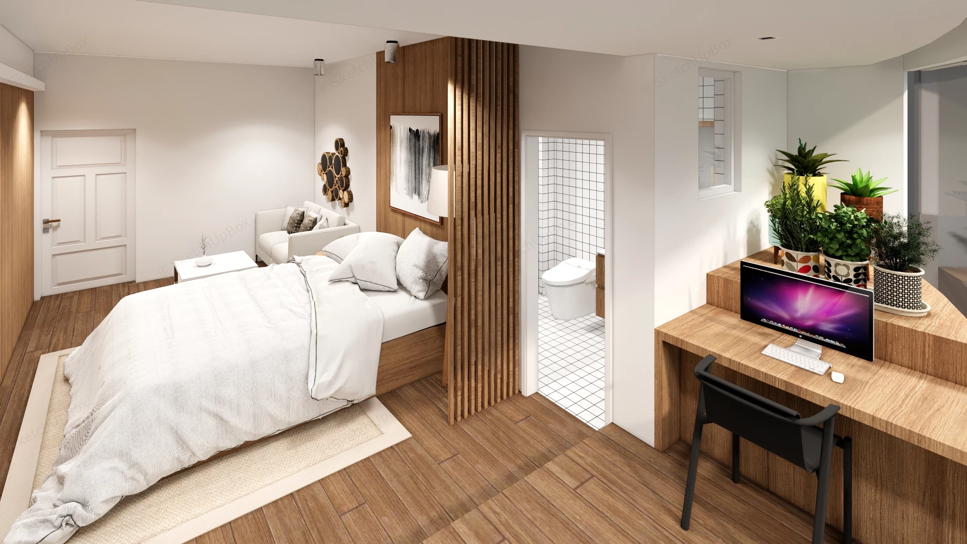 Modern Compact Studio Apartment Interior Layout Sketchup 3D Model Preview - SketchupBox