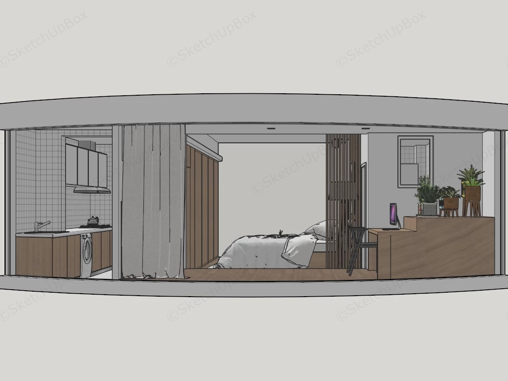 Modern Compact Studio Apartment Interior Layout Sketchup 3D Model Preview - SketchupBox