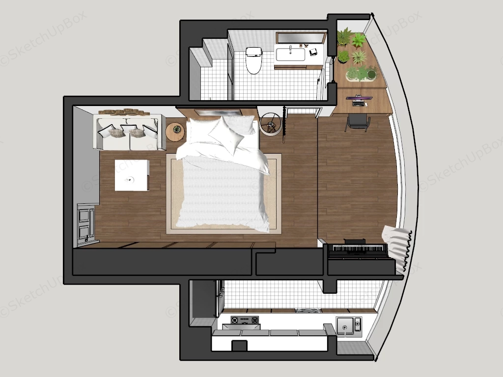 Modern Compact Studio Apartment Interior Layout Sketchup 3D Model Preview - SketchupBox