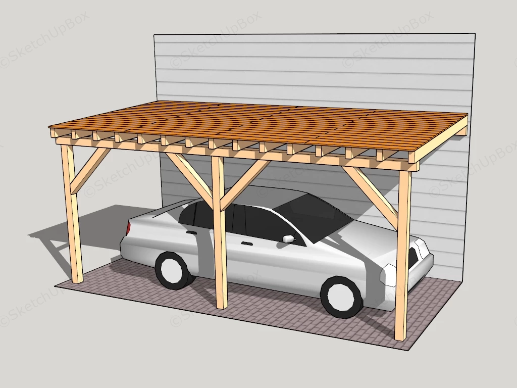 Attached Single Car Wooden Carport Structure Sketchup 3D Model Preview - SketchupBox