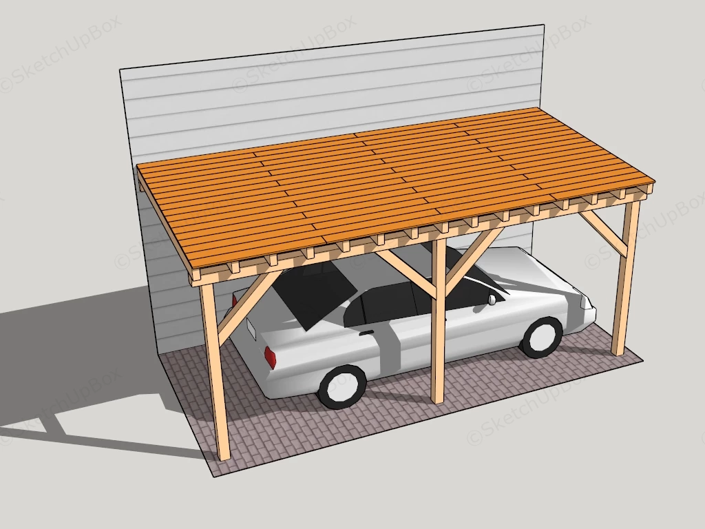 Attached Single Car Wooden Carport Structure Sketchup 3D Model Preview - SketchupBox