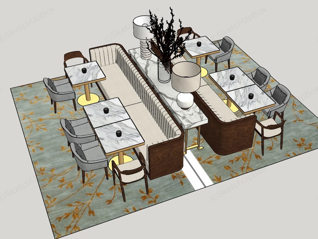 Double Sided Banquette Restaurant Seating Arrangement Sketchup 3D Model Preview - SketchupBox