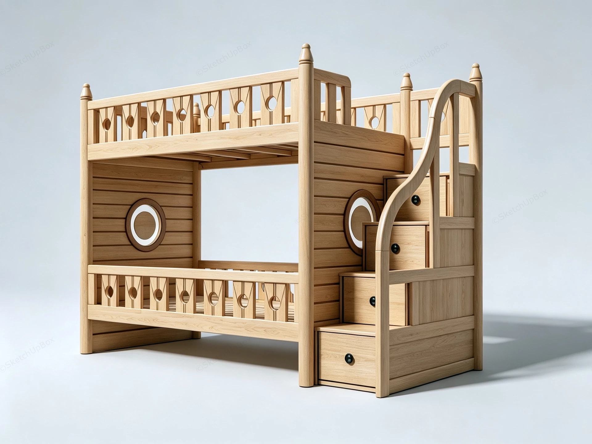 Solid Wood Children's Bunk Bed With Storage Staircase Sketchup 3D Model Preview - SketchupBox