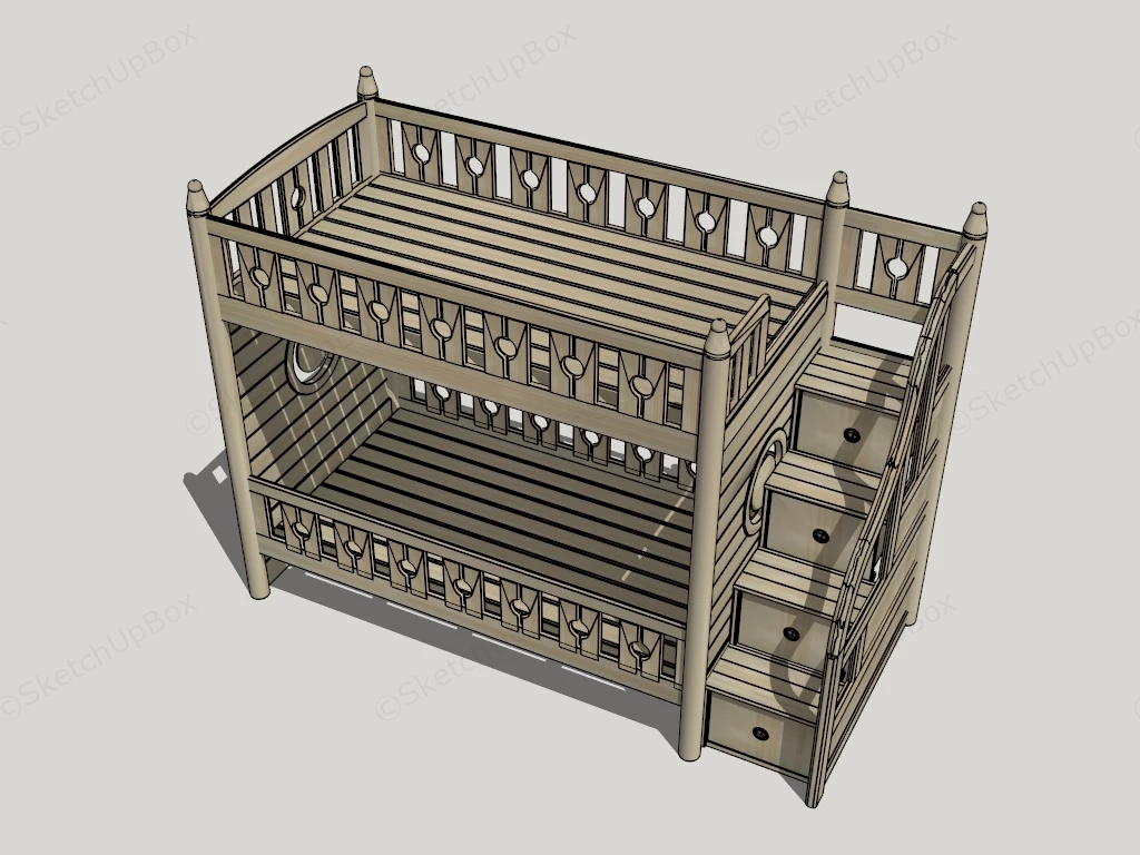 Solid Wood Children's Bunk Bed With Storage Staircase Sketchup 3D Model Preview - SketchupBox