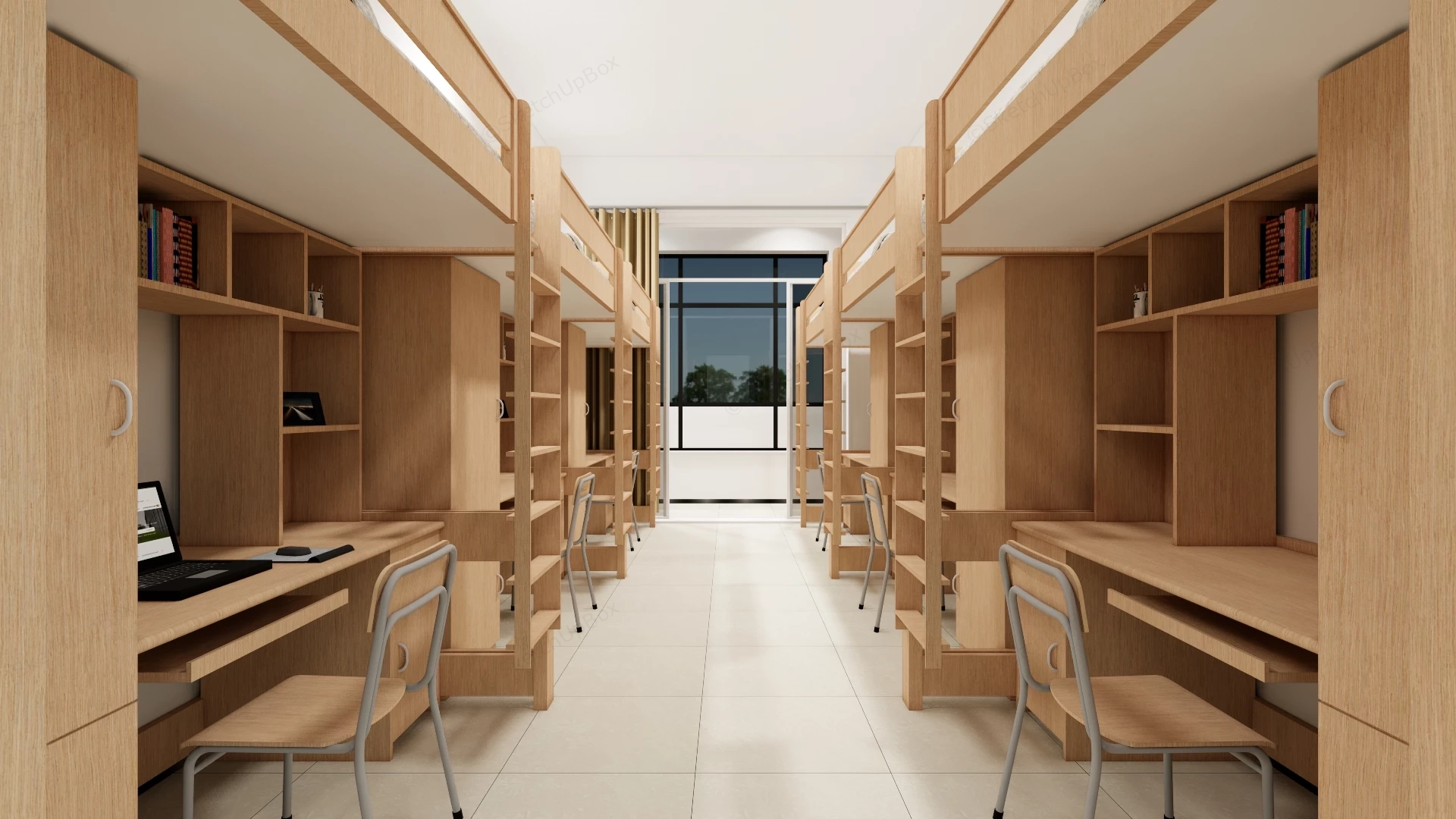 Modern Symmetrical 6 Person Student Dormitory Room Sketchup 3D Model Preview - SketchupBox