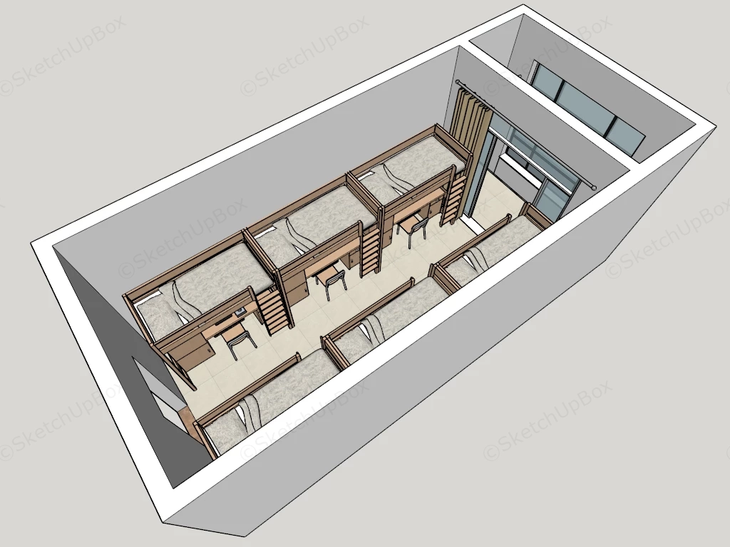 Modern Symmetrical 6 Person Student Dormitory Room Sketchup 3D Model Preview - SketchupBox