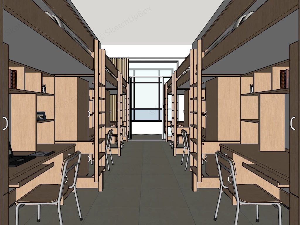 Modern Symmetrical 6 Person Student Dormitory Room Sketchup 3D Model Preview - SketchupBox