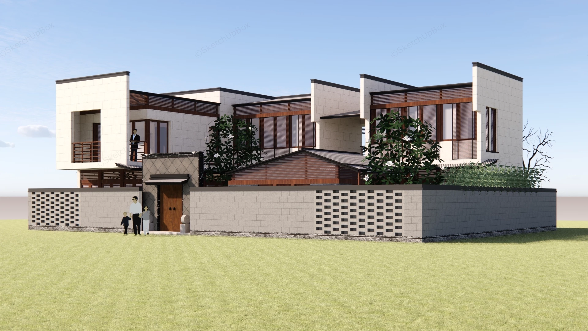 Modern Oriental Courtyard Villa With Inner Garden Sketchup 3D Model Preview - SketchupBox
