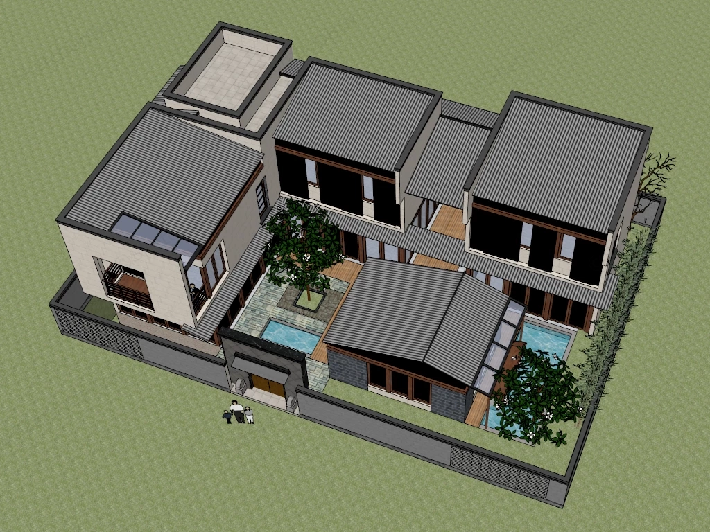 Modern Oriental Courtyard Villa With Inner Garden Sketchup 3D Model Preview - SketchupBox