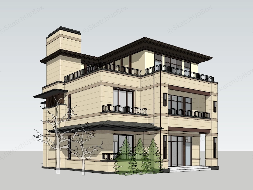 Modern Prairie Style Three Story Villa Sketchup 3D Model Preview - SketchupBox