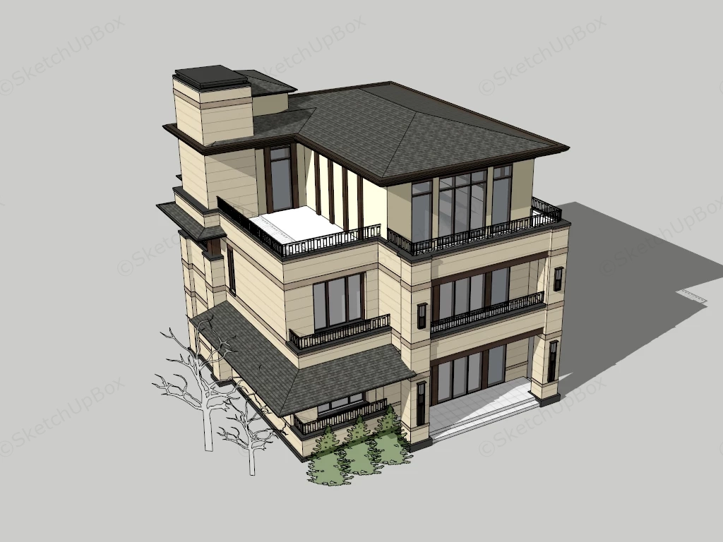 Modern Prairie Style Three Story Villa Sketchup 3D Model Preview - SketchupBox