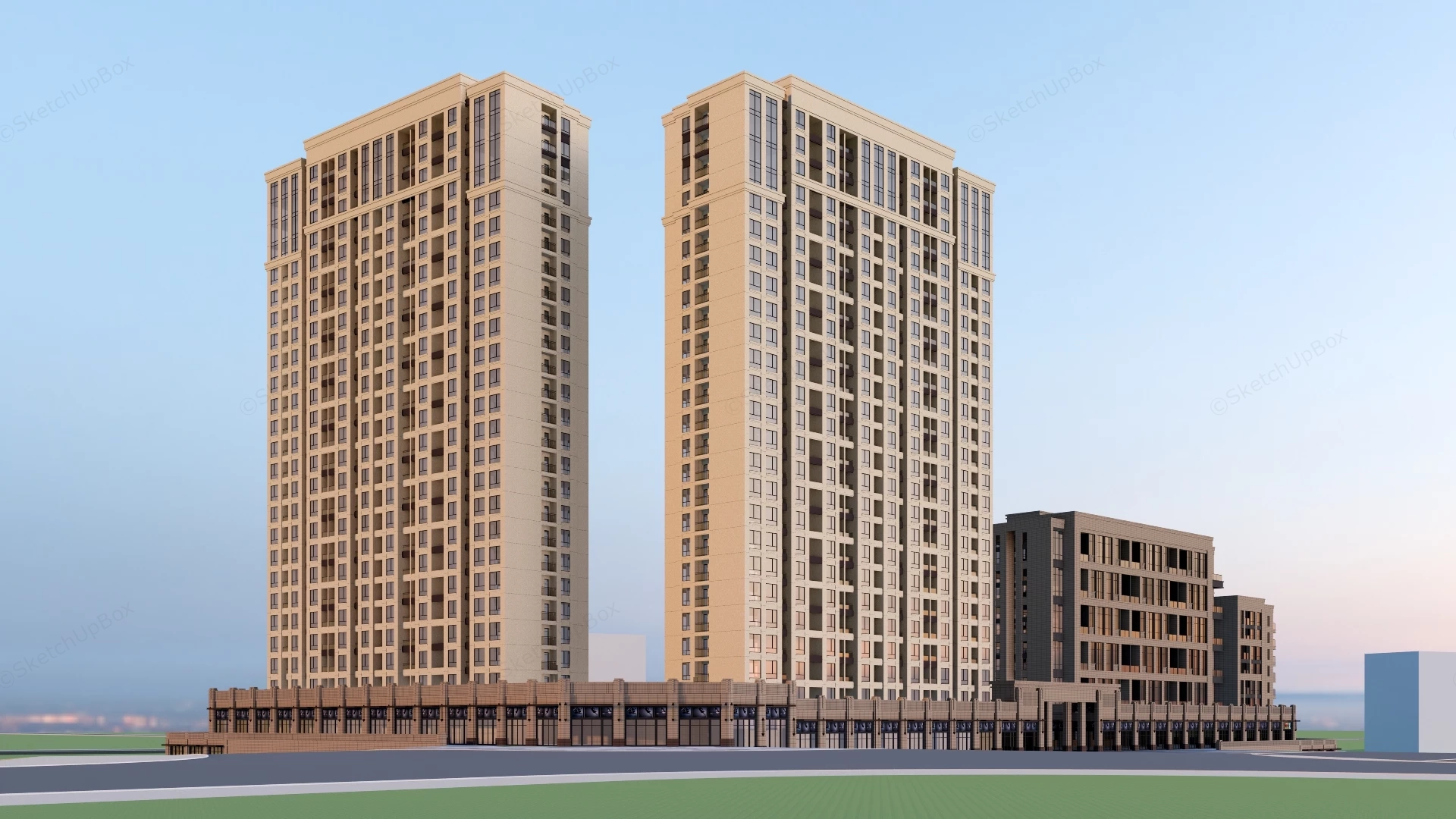Modern High Rise Residential And Commercial Podium Complex Sketchup 3D Model Preview - SketchupBox