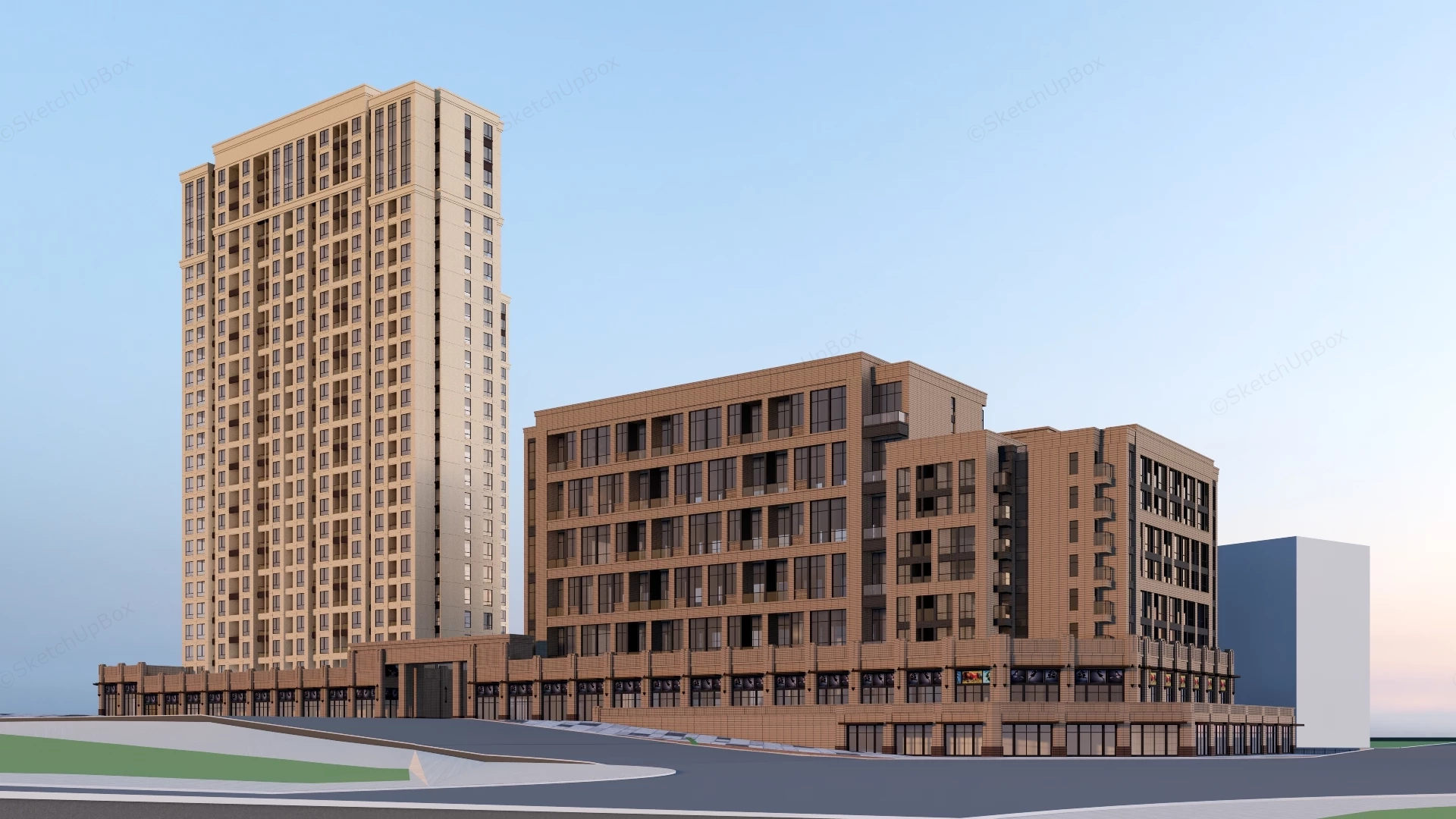 Modern High Rise Residential And Commercial Podium Complex Sketchup 3D Model Preview - SketchupBox