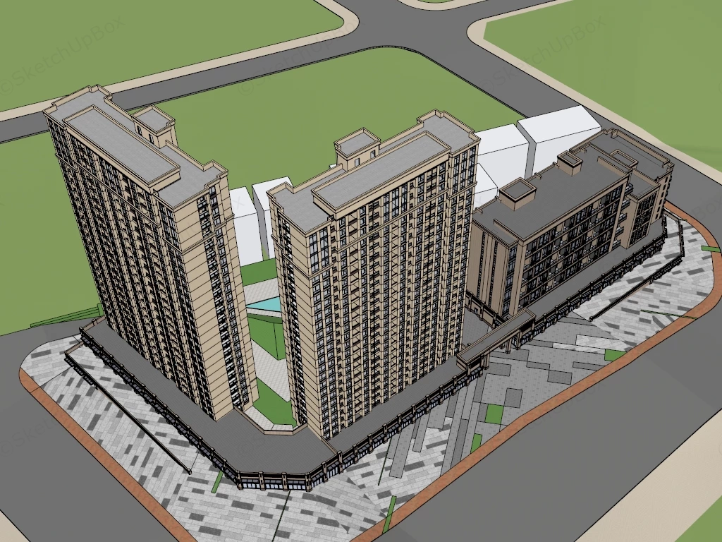 Modern High Rise Residential And Commercial Podium Complex Sketchup 3D Model Preview - SketchupBox