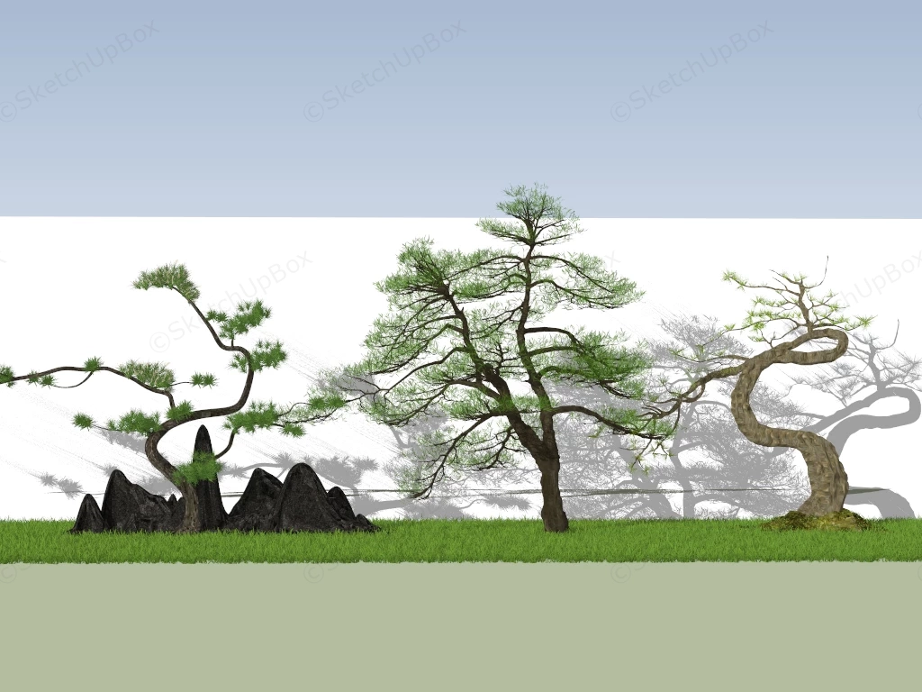 Modern Chinese Zen Ornamental Pine Trees And Rockery Collection Sketchup 3D Model Preview - SketchupBox