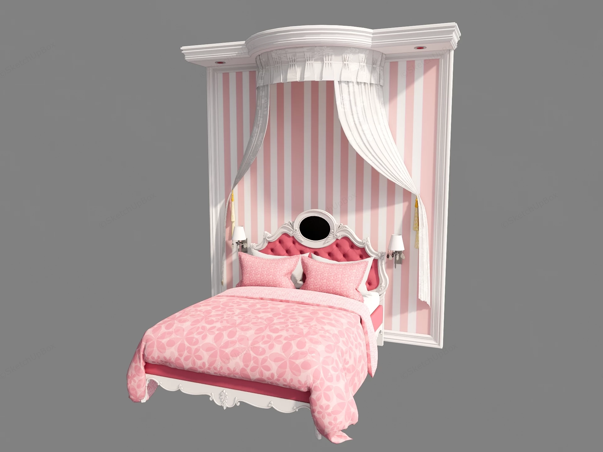European Princess Style Canopy Bed With Wall Backdrop Sketchup 3D Model Preview - SketchupBox
